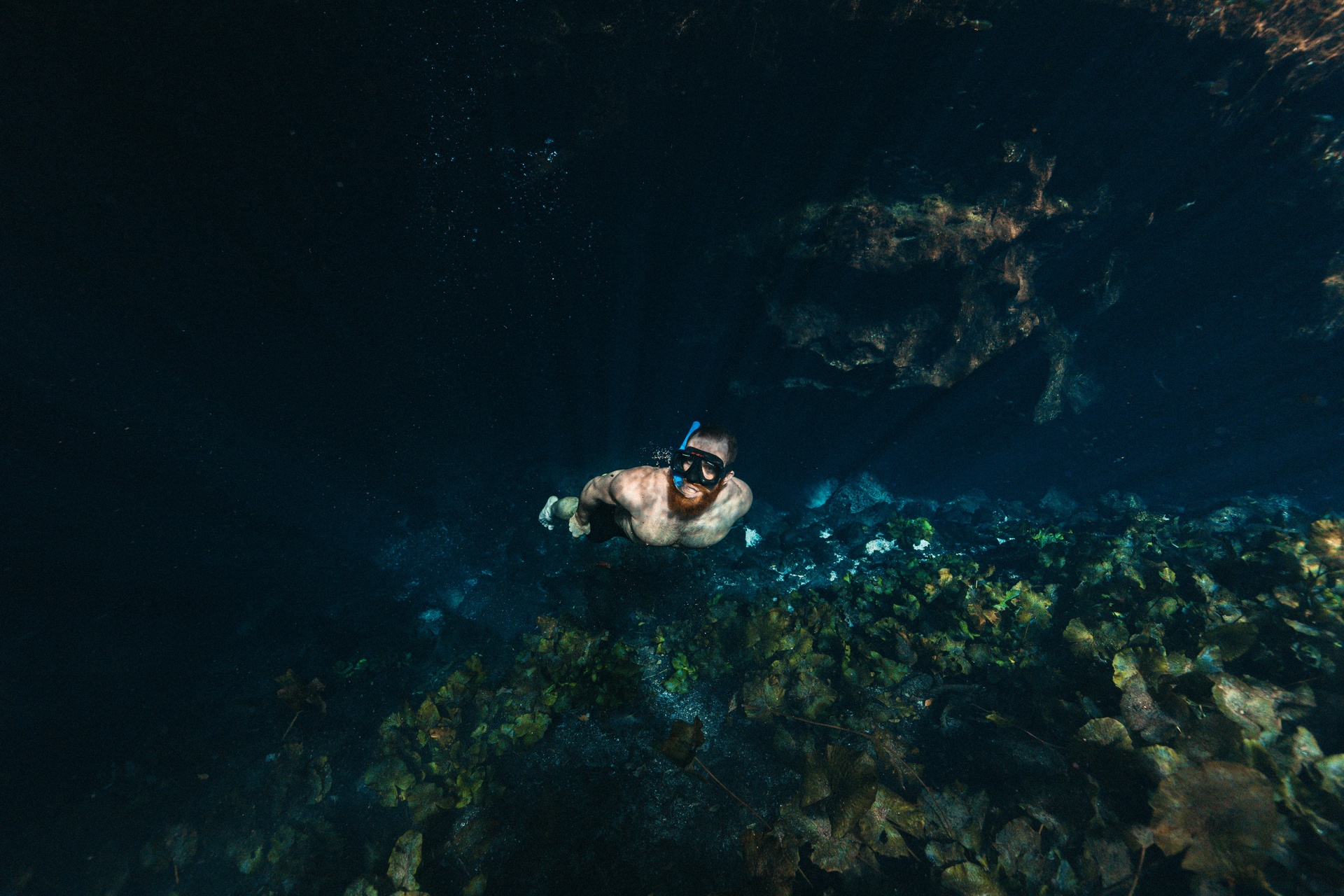 Personas haciendo snorkel en un cenote de aguas cristalinas