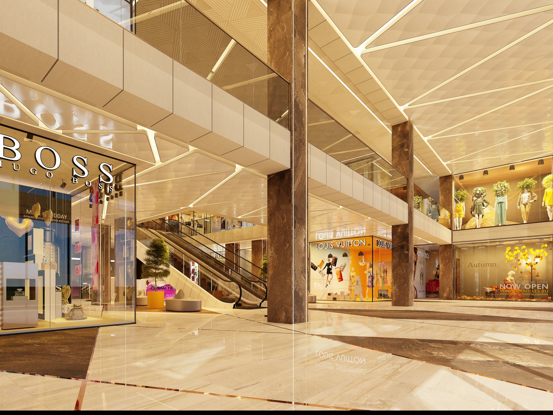 Interior de un centro comercial de lujo con tiendas y escaleras eléctricas