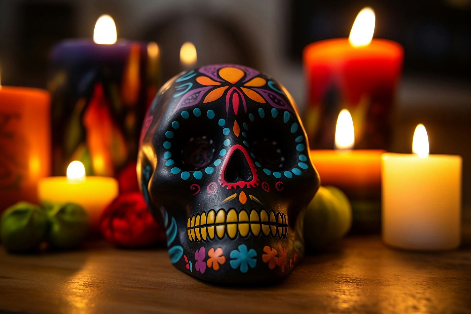 Altar de Día de Muertos con velas y cempasúchil