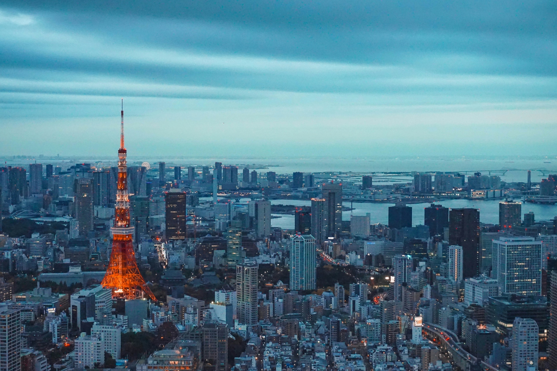 Vista nocturna del horizonte de Tokio con luces de neón