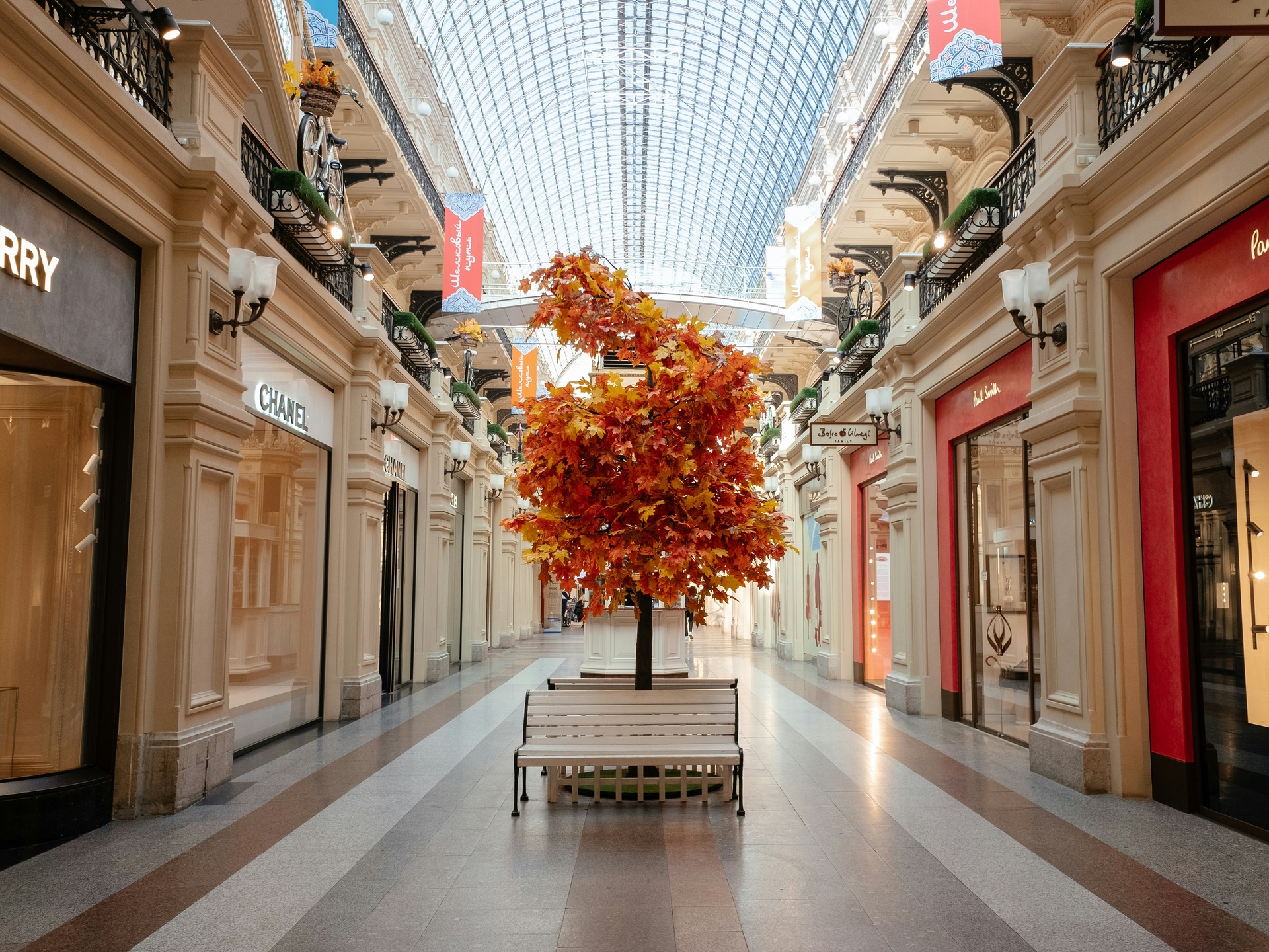 Centro comercial decorado para Navidad con árbol y luces